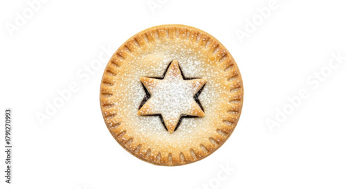 Traditional mince pie with star top and sugar dusting on isolated background