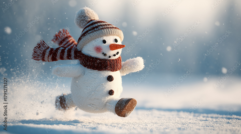 Fototapeta premium A cheerful snowman with a striped hat and scarf runs playfully across a snowy ground. The winter sun shines softly, highlighting the joy of the season and the beauty of fresh snow