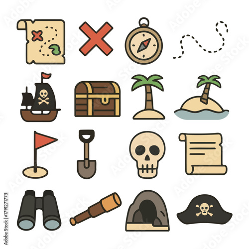 Pirate's Treasure Icons: A collection of vibrant icons, including a treasure map, compass, ship, treasure chest, island, skull, spyglass, and more.