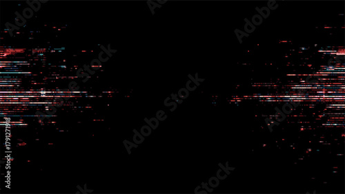 Abstract glitch effect background with red and blue data lines on black. Digital distortion for technology, gaming, or cyber security concept.