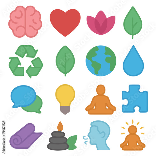Mindfulness and Well-being Icons: A collection of vibrant icons representing concepts of mindfulness, including brain, heart, lotus, leaf, recycling, earth, water drop, conversation, light bulb.