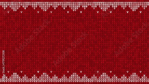 Red knitted Christmas background with white winter pattern. Traditional scandinavian seamless textile design for holiday season. Vector illustration with copy space.