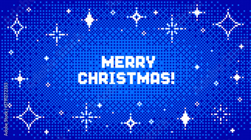 Blue pixel art background with Merry Christmas text and sparkling stars. Retro 8 bit style for holiday greeting card or banner in festive concept.