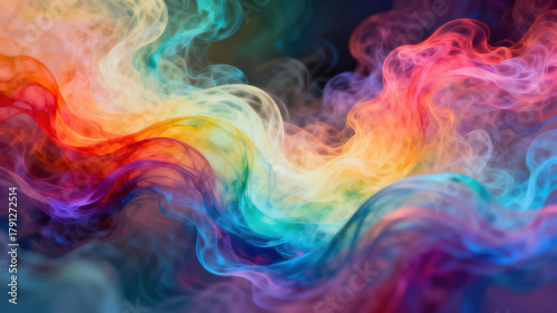 Bright swirls of smoke in various colors blend together, creating a dynamic and lively abstract design. This captivating artwork showcases fluid movement and vibrant hues