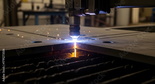 Laser cutting metal sheet with sparks in industrial workshop  