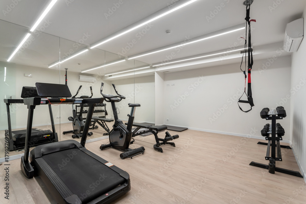 Obraz premium Bright gym features several types of workout machines including a treadmill, stationary bike, and weights, all set in a sleek, modern environment
