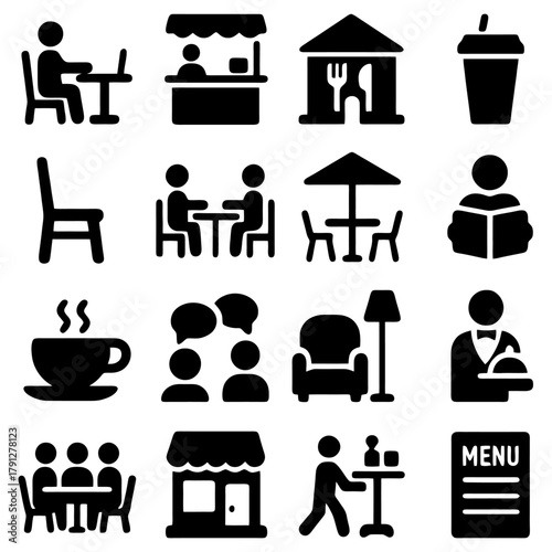 Cafe Icons: A set of icons representing various elements of a cafe. From the bustling counter to the cozy seating, from the coffee to the customers.