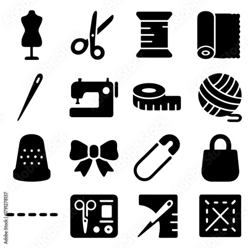 Sewing Essentials Collection: An elegant arrangement of sewing tools. Scissors, needle, tailor's dummy, threads, fabric, yarn and other accessories are ready to start tailoring!