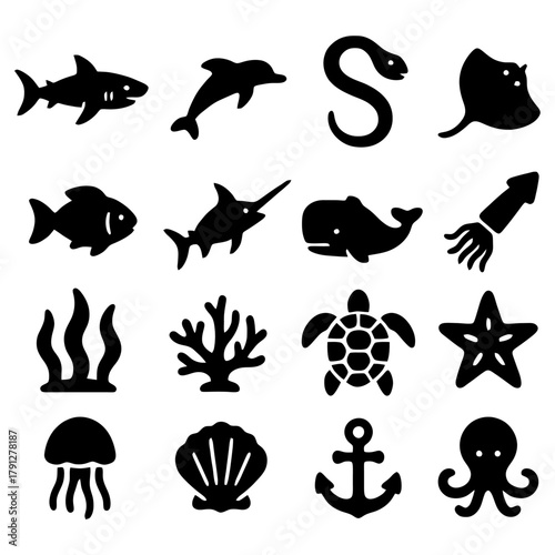 Aquatic Life Silhouette Set: A meticulously crafted collection of silhouettes of diverse marine creatures and sea elements, perfect for illustrating the mesmerizing world beneath the waves.