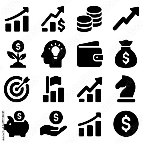 Financial Growth Icons: A visually striking collection of finance-related icons, symbolizing concepts such as investments, monetary expansion, and strategic growth.