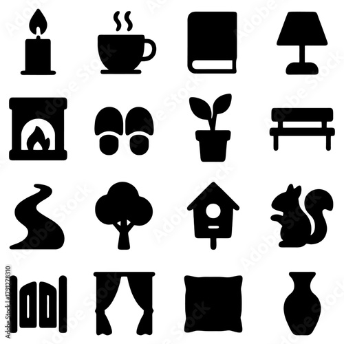 Cozy Icons of Comfort: Collection of icons which evoke feelings of coziness, featuring a candle, coffee, book, lamp, fireplace, slippers, plant, bench, pathway, tree, birdhouse, squirrel, headboard.