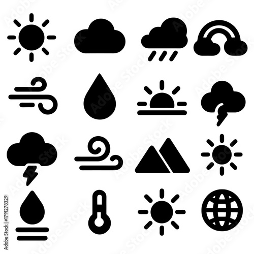 Weather Icon Set: A comprehensive collection of meticulously crafted weather icons, designed to effortlessly communicate diverse meteorological conditions, from sunny skies to stormy weather.