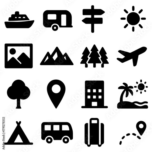 Symbolic Travel & Journey Icons: An artistic compilation of meticulously designed travel icons, artfully capturing the essence of wanderlust and the allure of exploration.