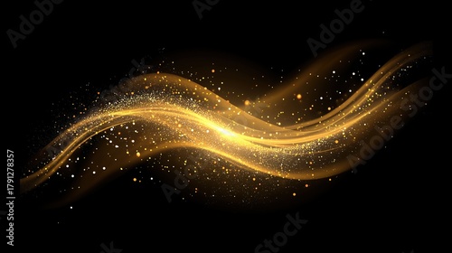 Luxurious golden glitter waves with glowing particles and sparkling stardust trails on a black background, abstract shimmering light design with luminous star effects for elegant and premium backgroun