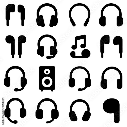 Harmony of Sound: A minimalist, high-angle composition showcases an array of sleek, isolated headset and earphone designs, creating a harmonious visual symphony of audio technology. 