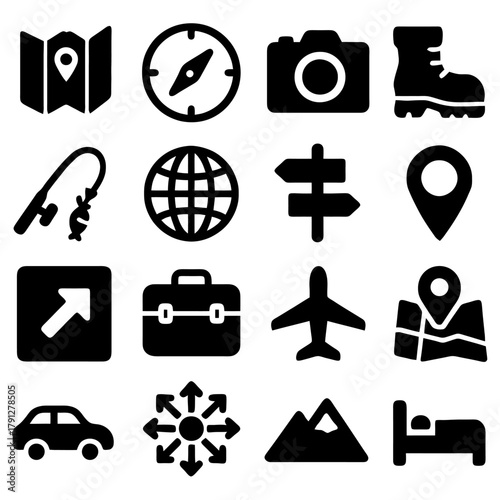 Travel Icons Set: A comprehensive collection of iconic symbols for navigation and globetrotting, perfect for mapping out adventures and charting new horizons.