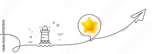 Lighthouse line icon. Continuous line with share plane. Searchlight tower sign. Beacon symbol. 3d star in speech bubble. Lighthouse single line ribbon. Loop curve pattern. Vector