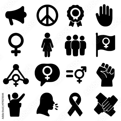 Empowering Symbols of Equality: An arrangement of powerful icons representing unity, peace, and advocacy, celebrating the spirit of solidarity and female empowerment.
