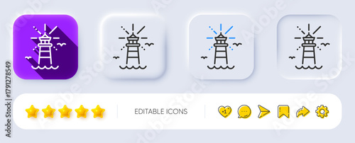 Lighthouse line icon. Neumorphic, Flat shadow, 3d buttons. Beacon tower sign. Searchlight building symbol. Line lighthouse icon. Social media icons. Vector