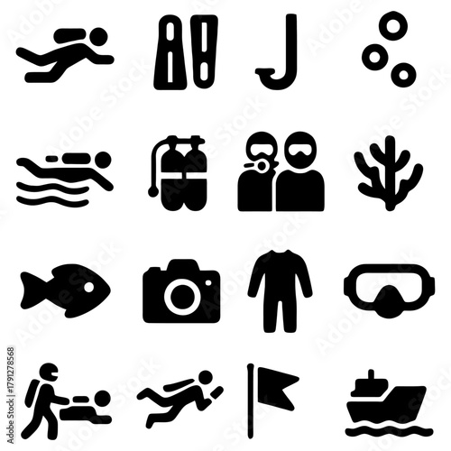 Underwater Exploration Icons: A collection of icons representing the thrilling world of diving and underwater exploration, inviting you to dive into the ocean's depths. 