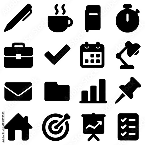 Office Icons Collection: A curated ensemble of office essentials, rendered in bold silhouette, ready to streamline your workflow and boost productivity.