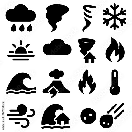 Weather Phenomena: A striking collection of icons depicting the varied and powerful forces of nature, capturing the essence of both serene and turbulent weather conditions.