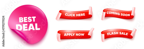 Best deal sticker, offer ribbons. Apply now, Flash sale. Best deal tag. Special offer Sale sign. Advertising Discounts symbol. Pink sticker tag. Flag ribbon banners. Vector