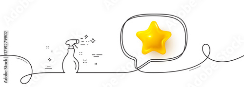 Cleaning spray line icon. Continuous line with 3d star. Washing liquid or Cleanser symbol. Housekeeping equipment sign. 3d star in speech bubble. Cleaning spray single line ribbon. Vector