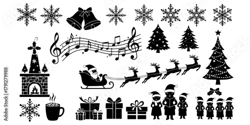 A comprehensive collection of outline and solid fill christmas icons featuring Santa Claus's head and a chimney with gifts a sleigh laden with presents festive winter boots and a sack of parcels