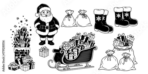 A comprehensive collection of outline and solid fill christmas icons featuring Santa Claus's head and a chimney with gifts a sleigh laden with presents festive winter boots and a sack of parcels