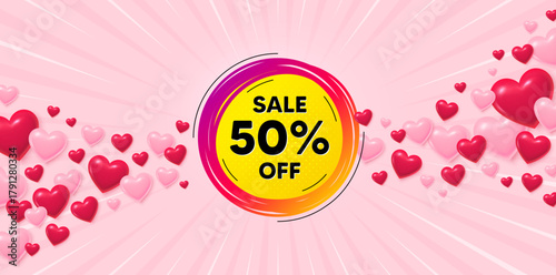 Sale 50 percent love banner with 3d hearts. Sunburst flare background. Sale 50 percent off banner. Discount sticker shape. Coupon star icon. Valentines day greeting card. Vector