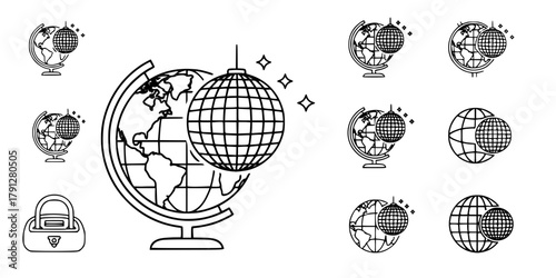 globe with disco ball in sign line art icon vector silhouette illustration for photo overlays