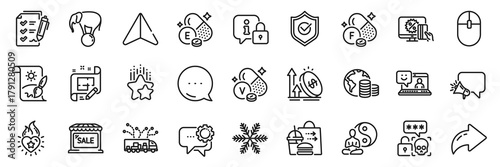 Vitamin e, Employees messenger and Elephant on ball line icons pack. Share, Message, Paper plane icons. Ranking stars, Market sale, Survey checklist web icon. Vector