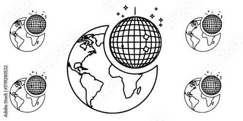 globe with disco ball in sign line art icon vector silhouette illustration for photo overlays