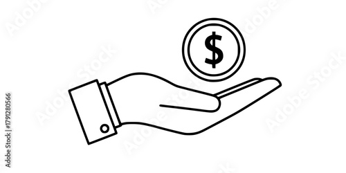 A simple clean line art illustration of an open hand holding a coin with a dollar sign