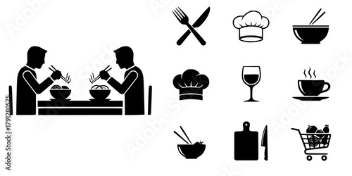 Silhouette of two people sitting at a table eating food with cutlery and bowls, a simple black and white illustration