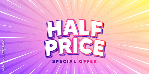 Half price sun rays gradient banner. Light burst background. Half Price tag. Special offer Sale sign. Advertising Discounts symbol. Gradient sun rays. Sunburst light. Vector