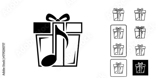 The musical gift box icon combines a present with a prominent eighth note design, symbolizing harmonious celebrations