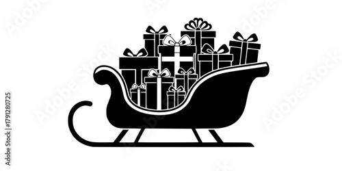 Santa's sleigh loaded with presents icon, a simple black vector silhouette of a traditional Christmas sled carrying wrapped gift boxes with bows