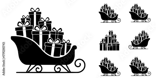 Santa's sleigh loaded with presents icon, a simple black vector silhouette of a traditional Christmas sled carrying wrapped gift boxes with bows