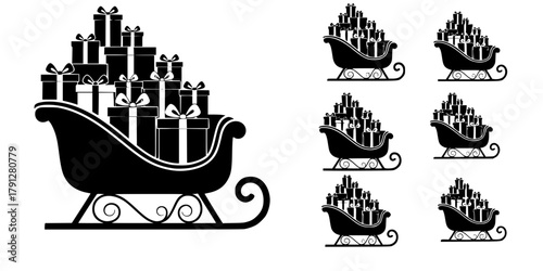 Santa's sleigh loaded with presents icon, a simple black vector silhouette of a traditional Christmas sled carrying wrapped gift boxes with bows
