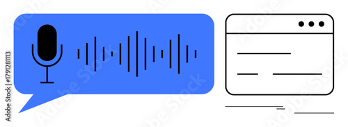 Microphone icon, soundwave in speech bubble next to website interface. Ideal for voice control, AI assistant, smart technology, speech recognition, accessibility, user interface, communication