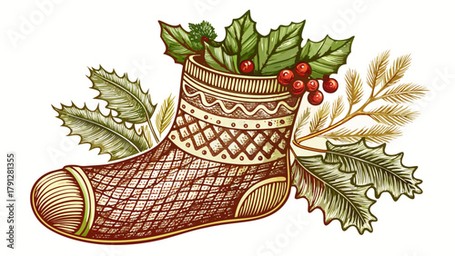 Very beautiful intricately engraved Christmas stocking with knit texture and holly accent for holiday design, featuring detailed linework, realistic knitted patterns, festive holly leaves and berries,