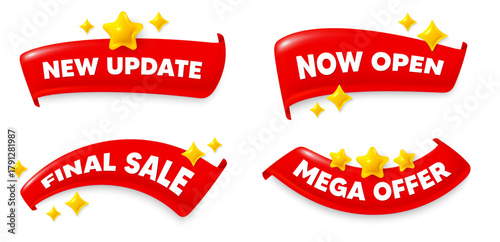 New update flag ribbon. Mega discount, Final sale, Now open. New update. New arrival sign. Advertising offer symbol. Red flag ribbon banners. Promo offer tags. Vector