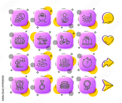 Boat, Scuba diving and Yoga mind line icons. App 3d buttons. Social media comment, share, like icons. Pack of Winner cup, Medal, Winner icon. Sports stadium, Quiz, Empower pictogram. Vector