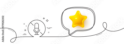No microphone line icon. Continuous line with 3d star. Mute mic sign. No voice record symbol. 3d star in speech bubble. No microphone single line ribbon. Loop curve pattern. Vector