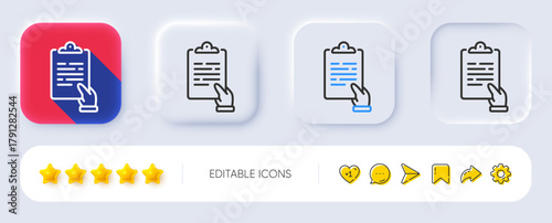 Clipboard document line icon. Neumorphic, Flat shadow, 3d buttons. Agreement file sign. Survey record symbol. Line clipboard icon. Social media icons. Vector