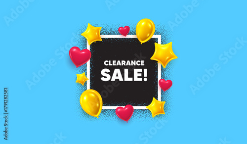 Clearance sale photo frame banner. Square picture frame. Clearance sale tag. Special offer price sign. Advertising discounts symbol. 3d balloons as hearts and stars. Vector