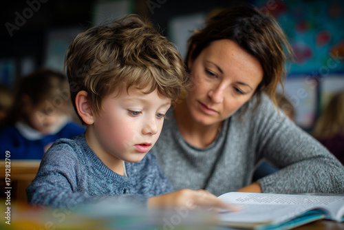 Young child with dyslexia reading a book alongside a supportive teacher. Inclusive learning moment highlighting literacy support, education, and patient guidance in a classroom setting.