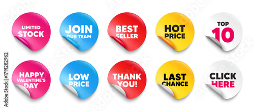 Limited stock sticker tag. Top 10, Best seller, Hot price banners. Limited stock sale tag. Special offer price sign. Advertising discounts symbol. Join our team sticker. Vector